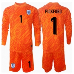 Strój piłkarski Anglia Jordan Pickford #1 Bramkarskie Koszulka Podstawowej dziecięce ME 2024 Długi Rękaw (+ Krótkie spodenki)