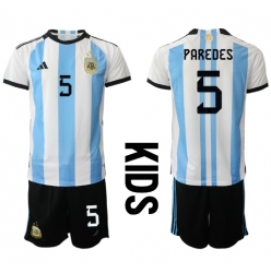 Strój piłkarski Argentyna Leandro Paredes #5 Koszulka Podstawowej dziecięce MŚ 2022 Krótki Rękaw (+ Krótkie spodenki)