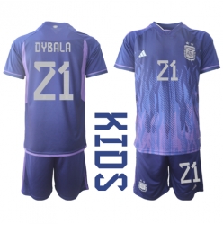 Strój piłkarski Argentyna Paulo Dybala #21 Koszulka Wyjazdowej dziecięce MŚ 2022 Krótki Rękaw (+ Krótkie spodenki)