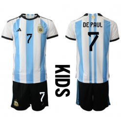 Strój piłkarski Argentyna Rodrigo de Paul #7 Koszulka Podstawowej dziecięce MŚ 2022 Krótki Rękaw (+ Krótkie spodenki)