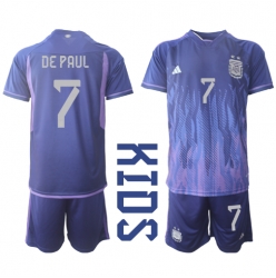 Strój piłkarski Argentyna Rodrigo de Paul #7 Koszulka Wyjazdowej dziecięce MŚ 2022 Krótki Rękaw (+ Krótkie spodenki)