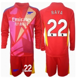 Strój piłkarski Arsenal David Raya #22 Bramkarskie Koszulka Wyjazdowej dziecięce 2024-25 Długi Rękaw (+ Krótkie spodenki)