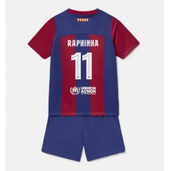 Strój piłkarski Barcelona Raphinha Belloli #11 Koszulka Podstawowej dziecięce 2023-24 Krótki Rękaw (+ Krótkie spodenki)