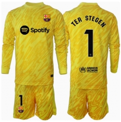 Strój piłkarski Barcelona Ter Stegen #1 Bramkarskie Koszulka Podstawowej dziecięce 2024-25 Długi Rękaw (+ Krótkie spodenki)