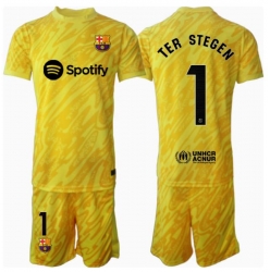 Strój piłkarski Barcelona Ter Stegen #1 Bramkarskie Koszulka Podstawowej dziecięce 2024-25 Krótki Rękaw (+ Krótkie spodenki)