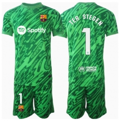 Strój piłkarski Barcelona Ter Stegen #1 Bramkarskie Koszulka Wyjazdowej dziecięce 2024-25 Krótki Rękaw (+ Krótkie spodenki)