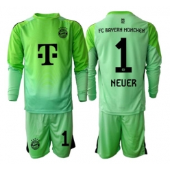 Strój piłkarski Bayern Munich Manuel Neuer #1 Bramkarskie Koszulka Podstawowej dziecięce 2025-26 Długi Rękaw (+ Krótkie spodenki)