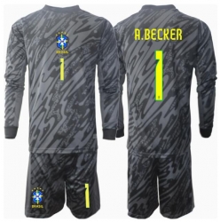 Strój piłkarski Brazylia Alisson Becker #1 Bramkarskie Koszulka Wyjazdowej dziecięce Copa America 2024 Długi Rękaw (+ Krótkie spodenki)