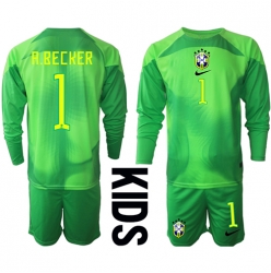 Strój piłkarski Brazylia Alisson Becker #1 Bramkarskie Koszulka Wyjazdowej dziecięce MŚ 2022 Długi Rękaw (+ Krótkie spodenki)