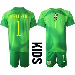 Strój piłkarski Brazylia Alisson Becker #1 Bramkarskie Koszulka Wyjazdowej dziecięce MŚ 2022 Krótki Rękaw (+ Krótkie spodenki)