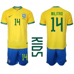 Strój piłkarski Brazylia Eder Militao #14 Koszulka Podstawowej dziecięce MŚ 2022 Krótki Rękaw (+ Krótkie spodenki)