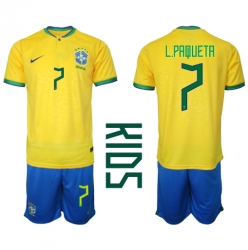 Strój piłkarski Brazylia Lucas Paqueta #7 Koszulka Podstawowej dziecięce MŚ 2022 Krótki Rękaw (+ Krótkie spodenki)