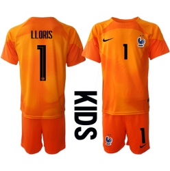 Strój piłkarski Francja Hugo Lloris #1 Bramkarskie Koszulka Podstawowej dziecięce MŚ 2022 Krótki Rękaw (+ Krótkie spodenki)