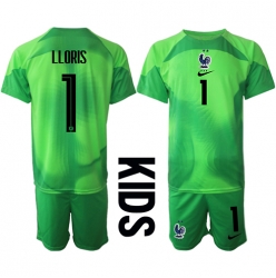 Strój piłkarski Francja Hugo Lloris #1 Bramkarskie Koszulka Wyjazdowej dziecięce MŚ 2022 Krótki Rękaw (+ Krótkie spodenki)