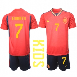 Strój piłkarski Hiszpania Alvaro Morata #7 Koszulka Podstawowej dziecięce MŚ 2022 Krótki Rękaw (+ Krótkie spodenki)