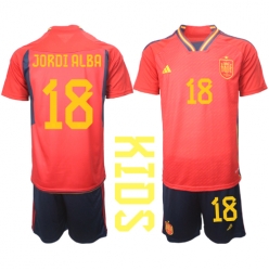 Strój piłkarski Hiszpania Jordi Alba #18 Koszulka Podstawowej dziecięce MŚ 2022 Krótki Rękaw (+ Krótkie spodenki)