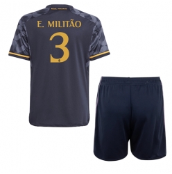 Strój piłkarski Real Madrid Eder Militao #3 Koszulka Wyjazdowej dziecięce 2023-24 Krótki Rękaw (+ Krótkie spodenki)