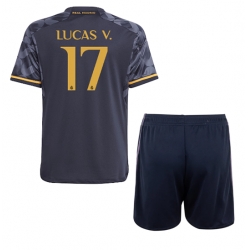 Strój piłkarski Real Madrid Lucas Vazquez #17 Koszulka Wyjazdowej dziecięce 2023-24 Krótki Rękaw (+ Krótkie spodenki)