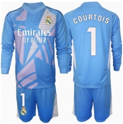 Strój piłkarski Real Madrid Thibaut Courtois #1 Bramkarskie Koszulka Podstawowej dziecięce 2024-25 Długi Rękaw (+ Krótkie spodenki)
