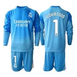 Strój piłkarski Real Madrid Thibaut Courtois #1 Bramkarskie Koszulka Podstawowej dziecięce 2025-26 Długi Rękaw (+ Krótkie spodenki)