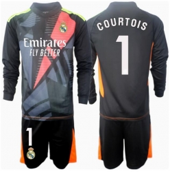 Strój piłkarski Real Madrid Thibaut Courtois #1 Bramkarskie Koszulka Wyjazdowej dziecięce 2024-25 Długi Rękaw (+ Krótkie spodenki)