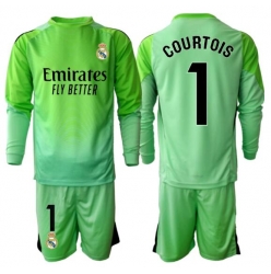 Strój piłkarski Real Madrid Thibaut Courtois #1 Bramkarskie Koszulka Wyjazdowej dziecięce 2025-26 Długi Rękaw (+ Krótkie spodenki)